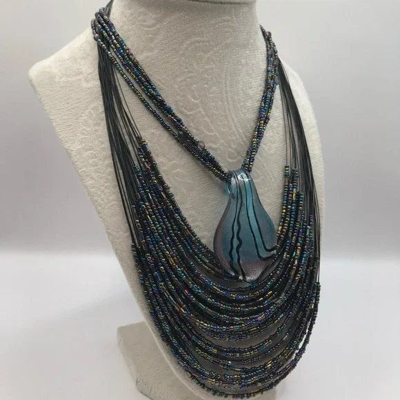 2 Multi-Strand Seed Bead & Glass pendant Necklaces - Picture 2 of 7